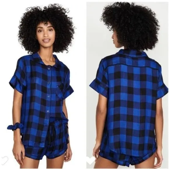 REVOLVE x PLUSH Buffalo Plaid Pajama Set &amp; Scrunchie, Blue XS NWT