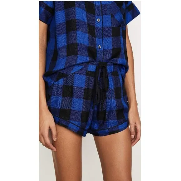 REVOLVE x PLUSH Buffalo Plaid Pajama Set &amp; Scrunchie, Blue XS NWT