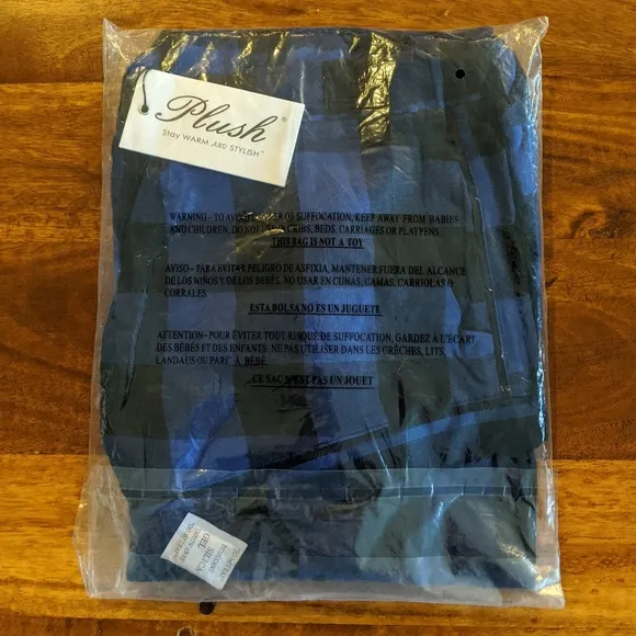 REVOLVE x PLUSH Buffalo Plaid Pajama Set &amp; Scrunchie, Blue XS NWT