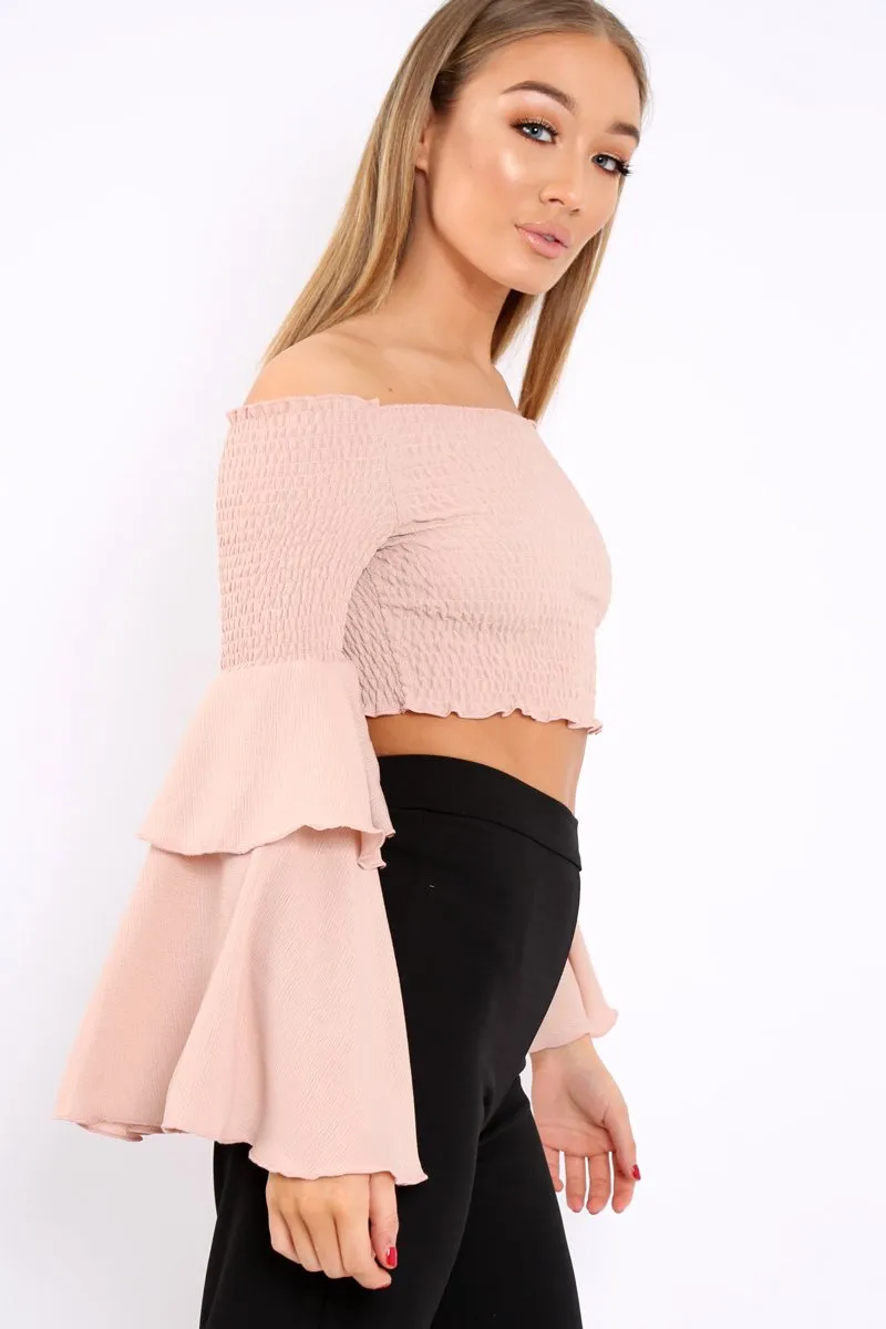 Rose Shirred Bardot Crop Top with Ruffle Sleeves - Dee