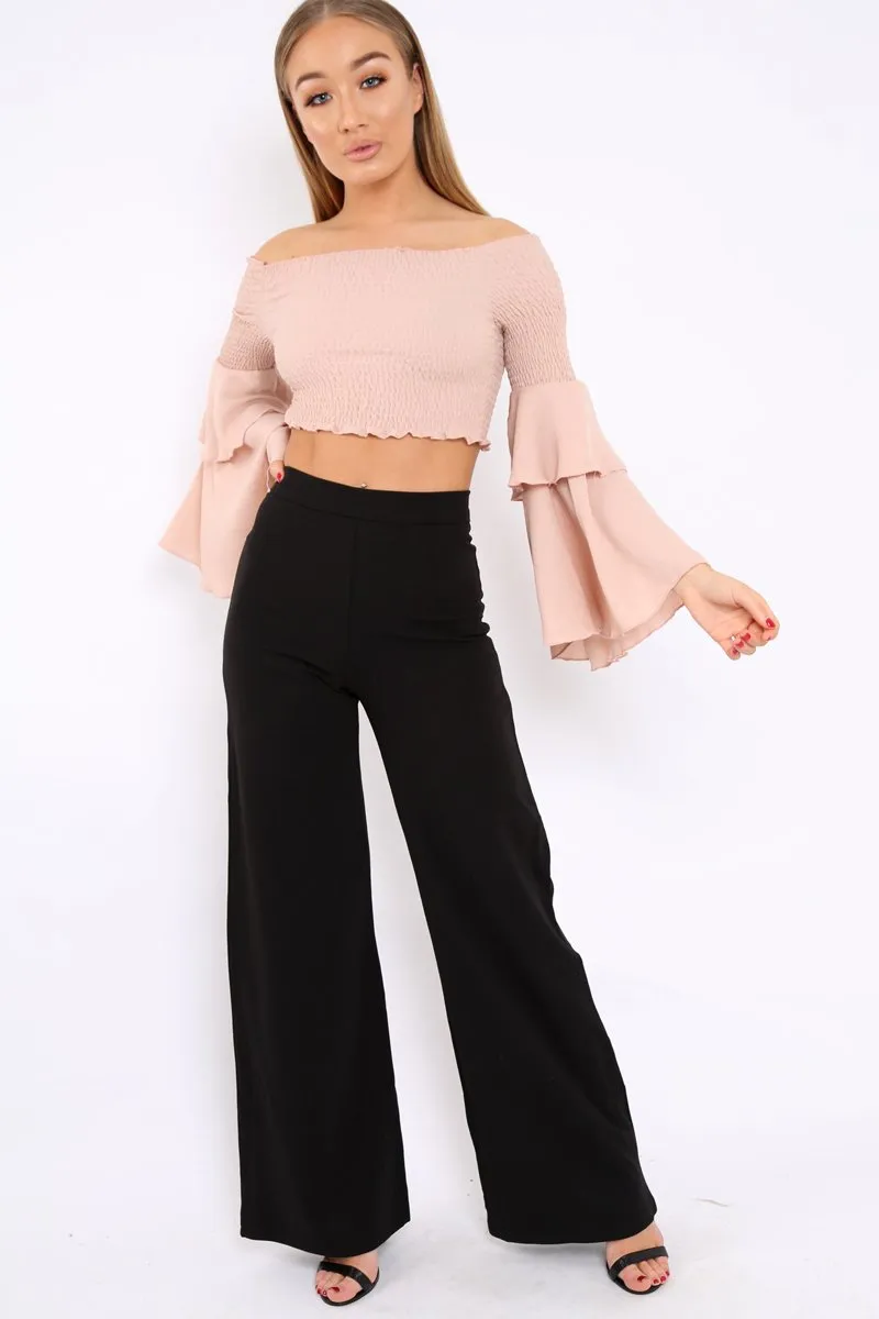 Rose Shirred Bardot Crop Top with Ruffle Sleeves - Dee
