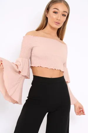 Rose Shirred Bardot Crop Top with Ruffle Sleeves - Dee