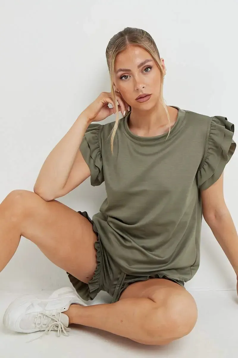 Ruffle Sleeve Crop Top & Shorts Bodycon Co-ord 2PCS