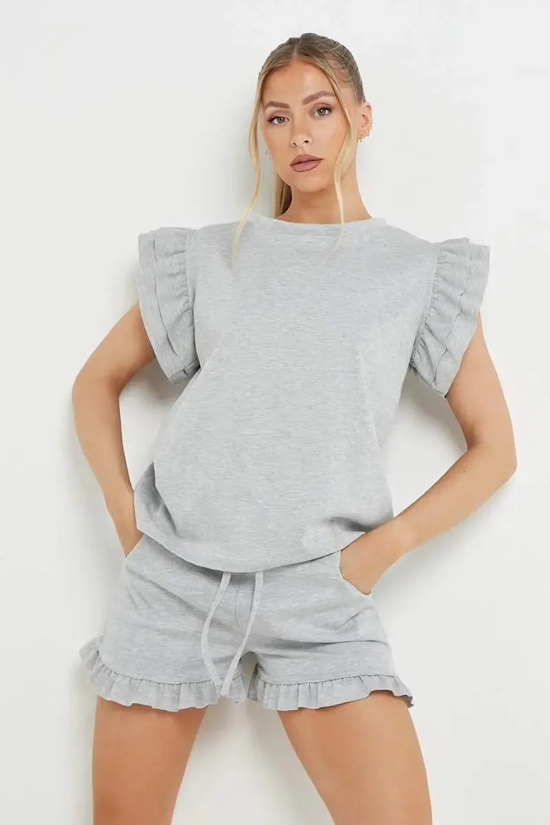 Ruffle Sleeve Crop Top & Shorts Bodycon Co-ord 2PCS