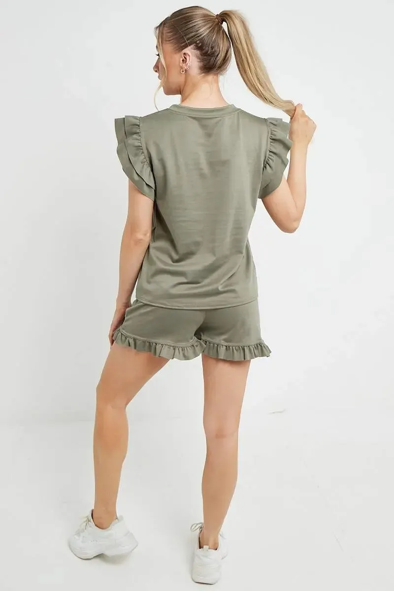 Ruffle Sleeve Crop Top & Shorts Bodycon Co-ord 2PCS