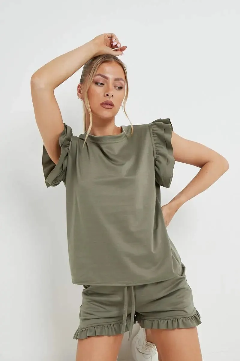 Ruffle Sleeve Crop Top & Shorts Bodycon Co-ord 2PCS