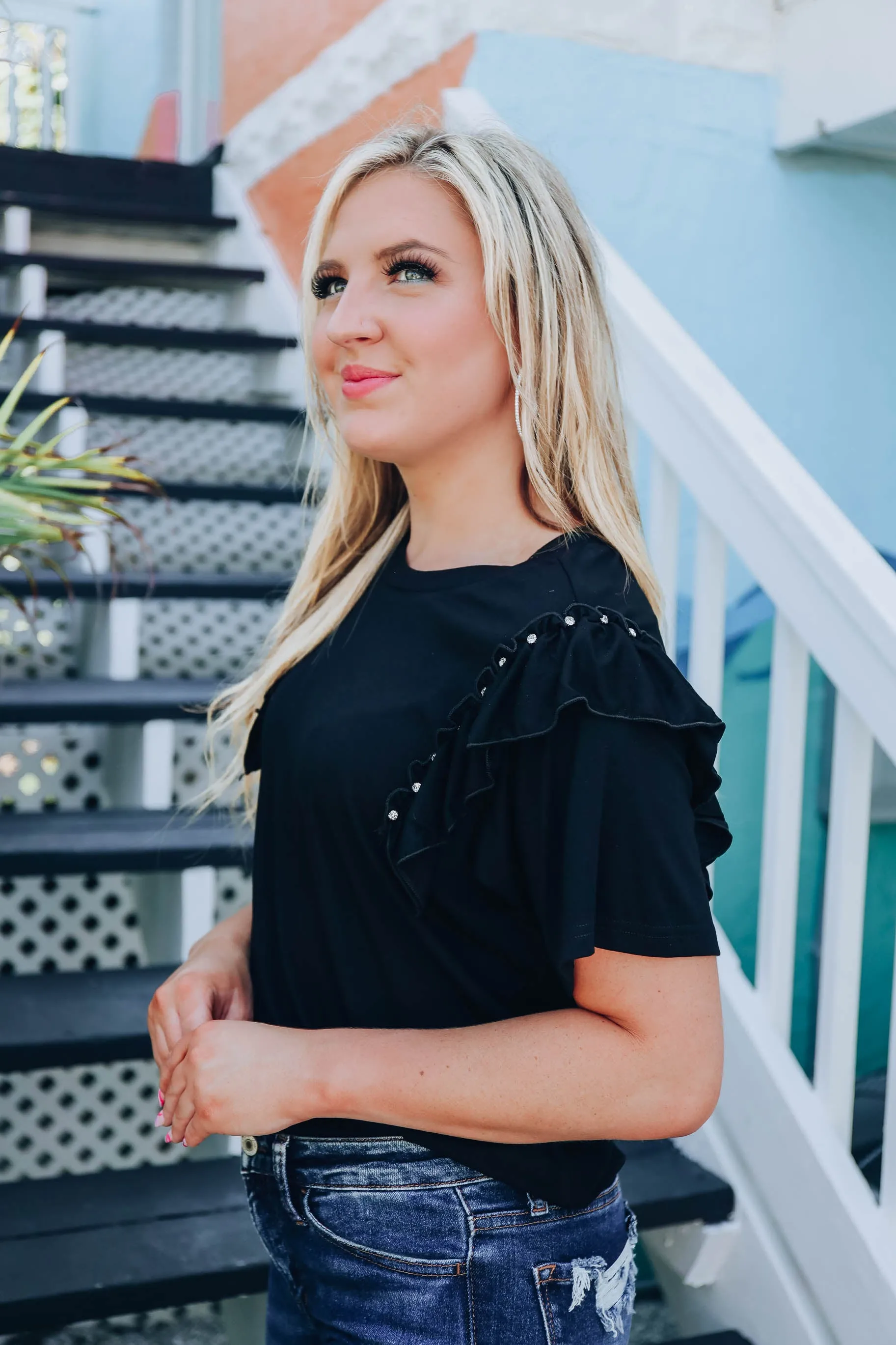 Ruffles and Rhinestones Top - Black