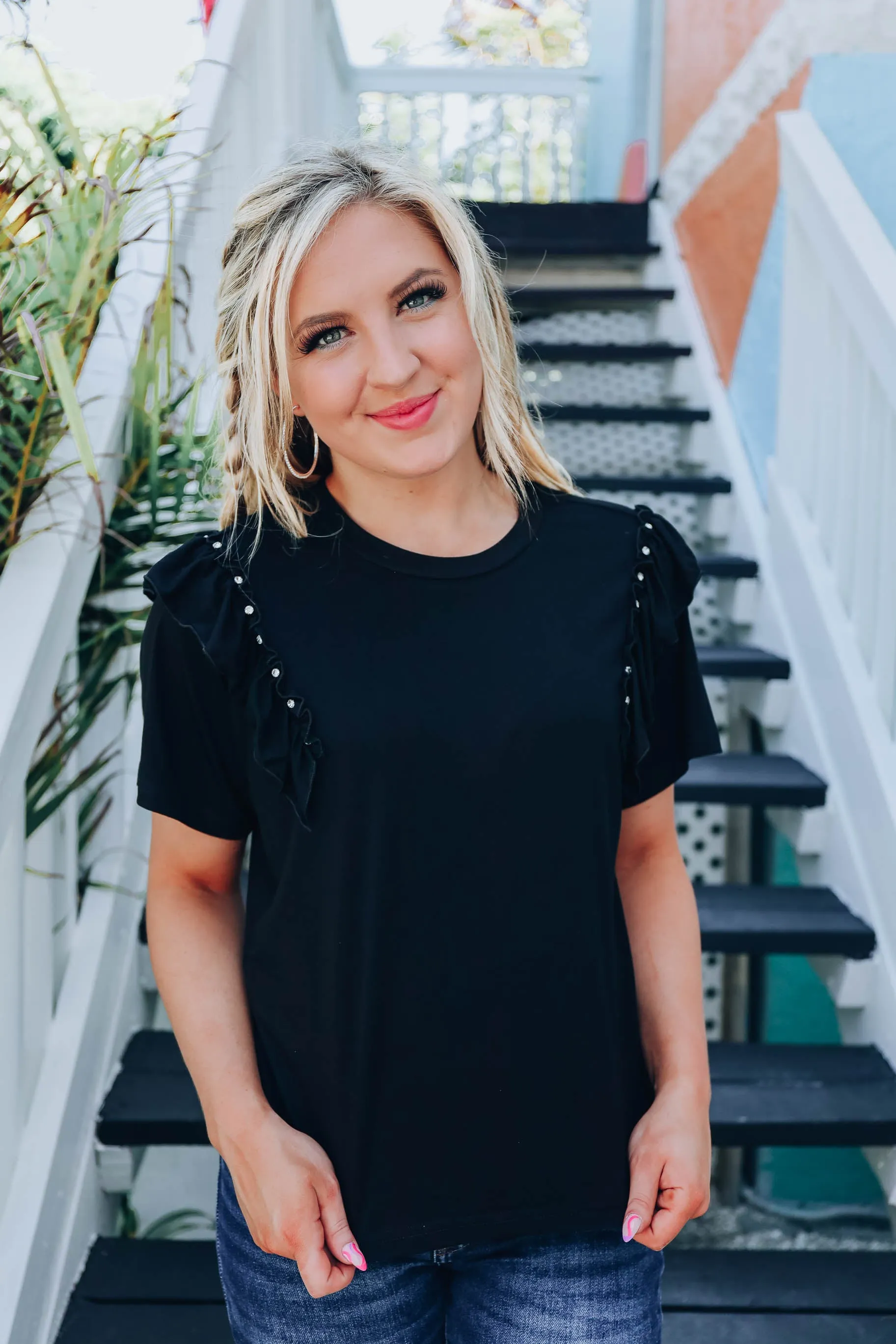 Ruffles and Rhinestones Top - Black