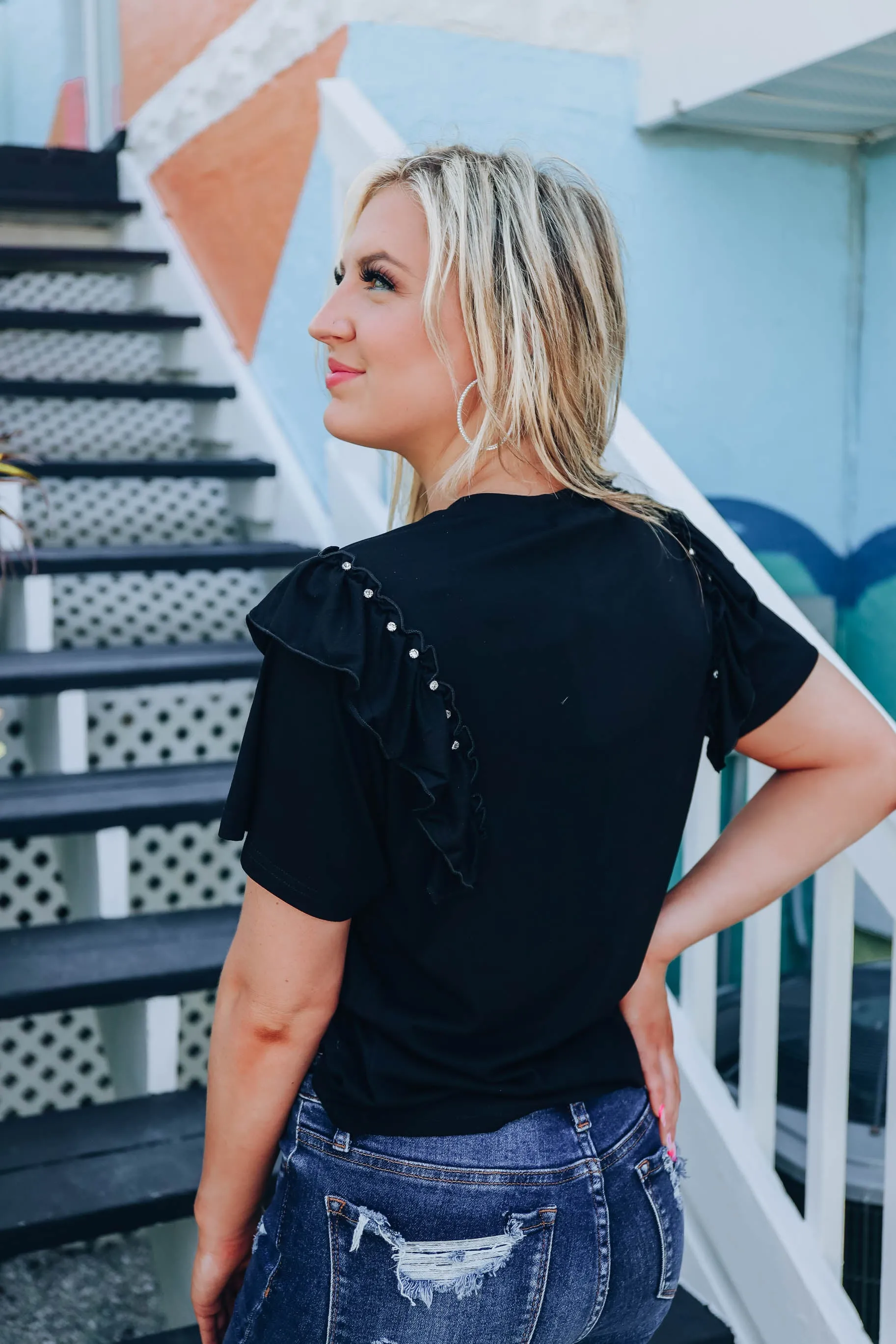 Ruffles and Rhinestones Top - Black