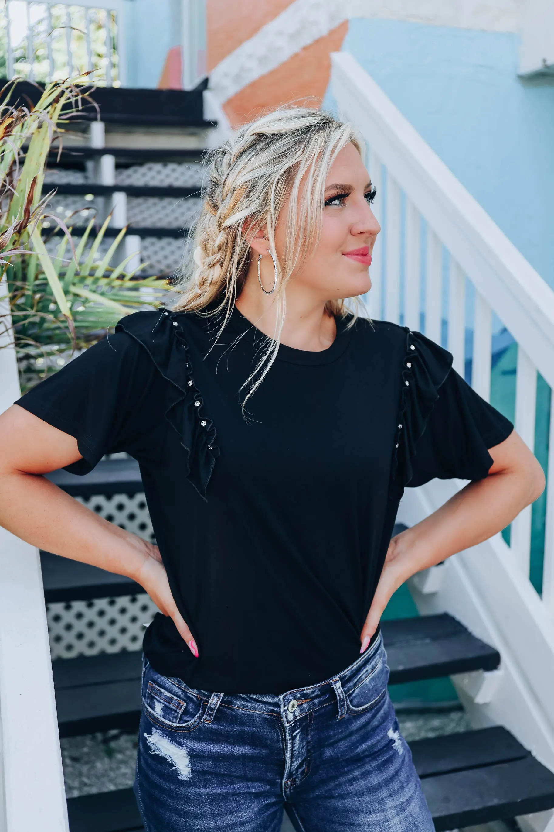 Ruffles and Rhinestones Top - Black