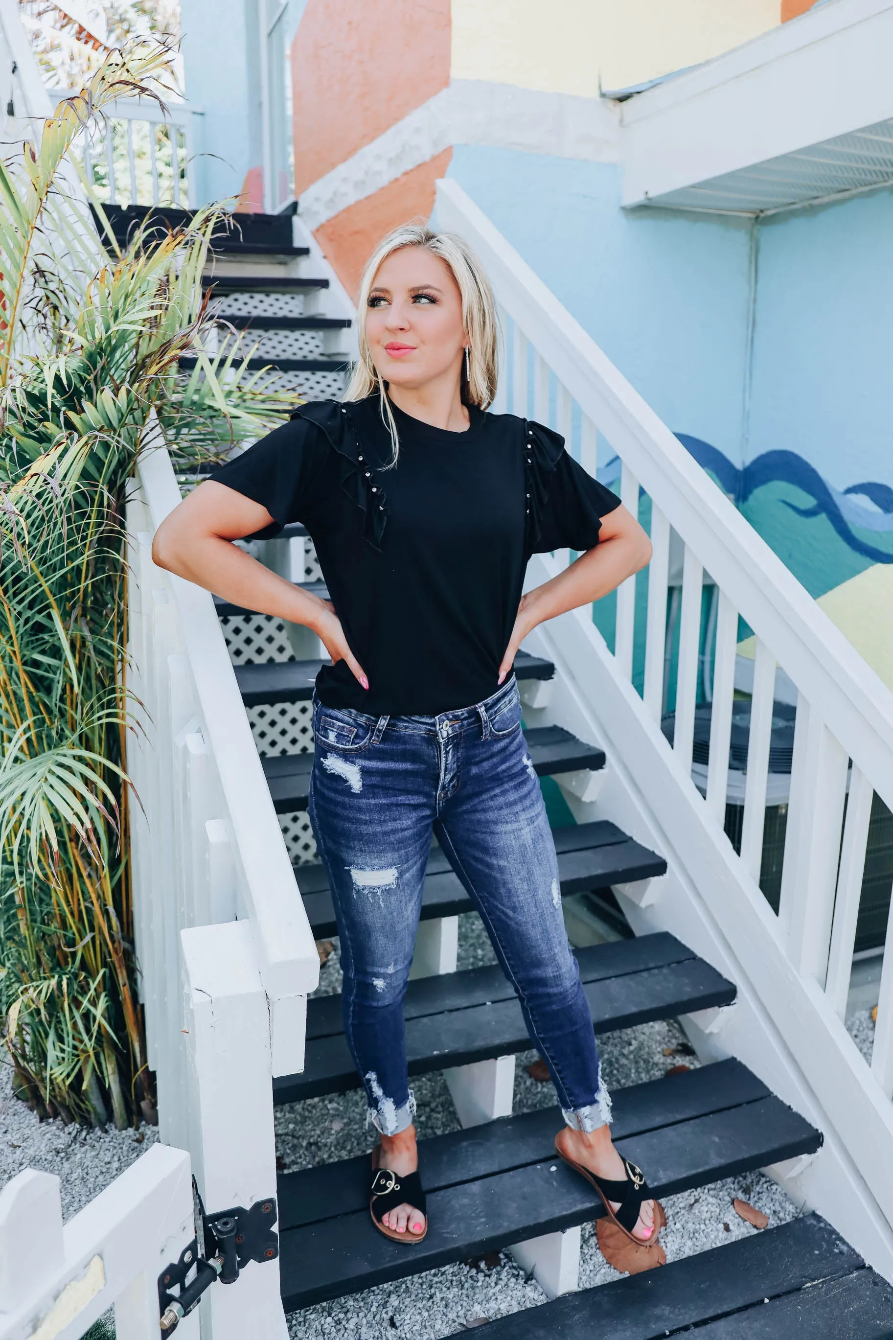 Ruffles and Rhinestones Top - Black