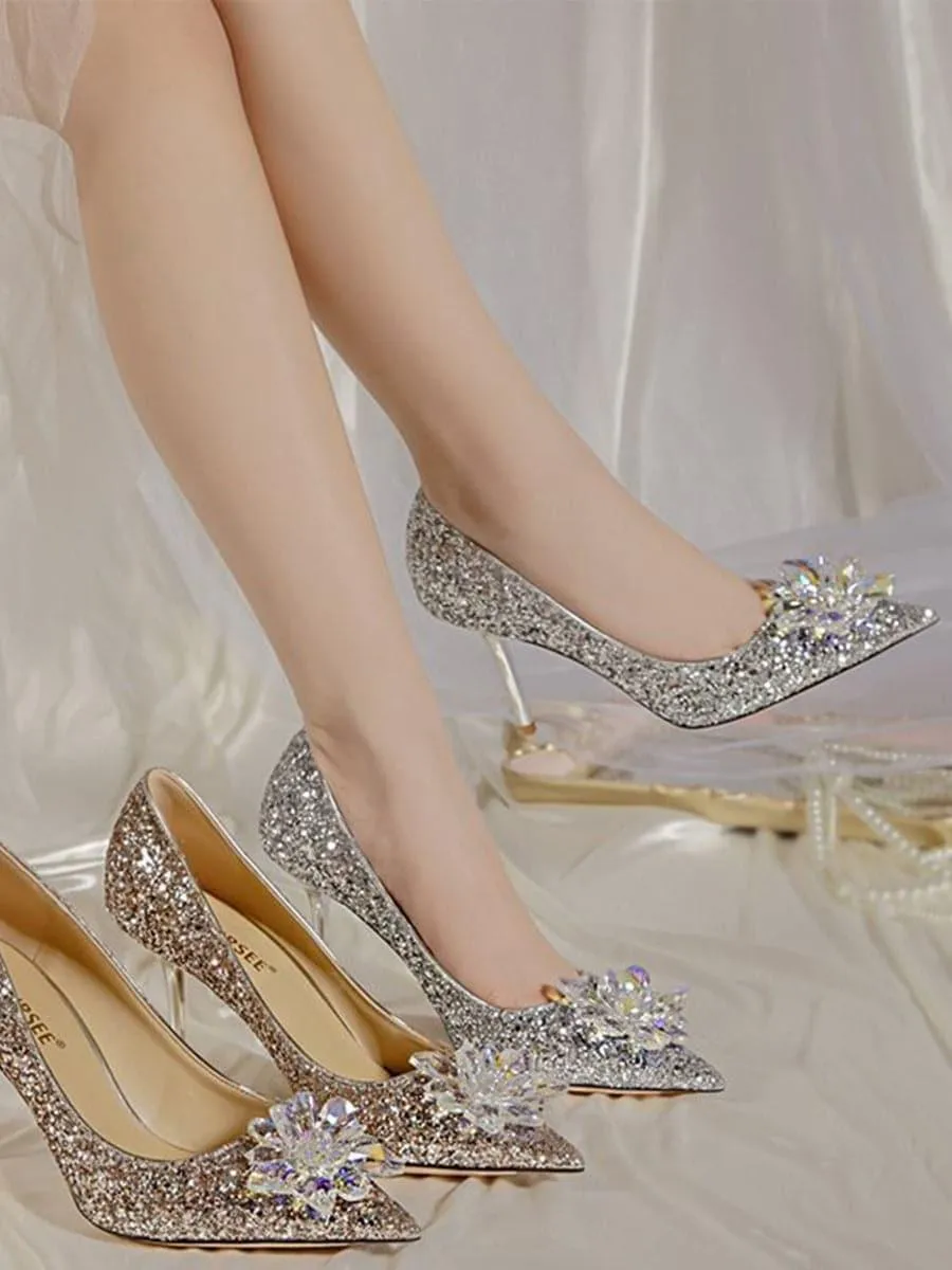 Shine Inlay Crystal Flower Banquet Wedding Thin High Heels MHE1047