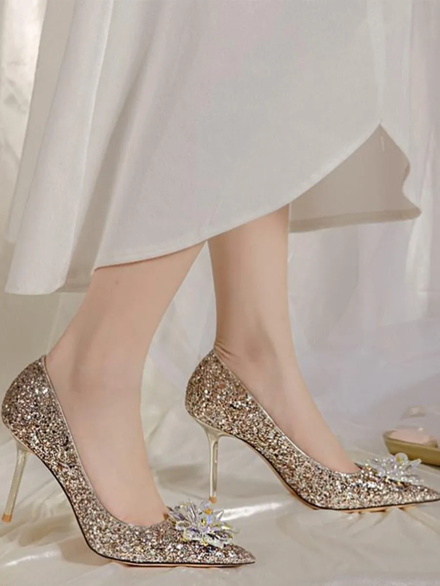 Shine Inlay Crystal Flower Banquet Wedding Thin High Heels MHE1047
