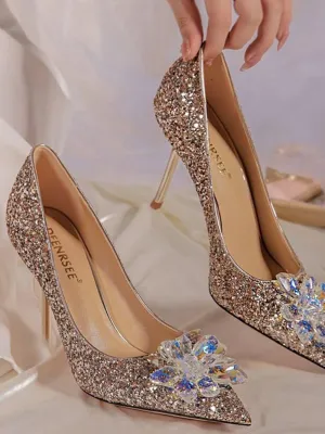 Shine Inlay Crystal Flower Banquet Wedding Thin High Heels MHE1047