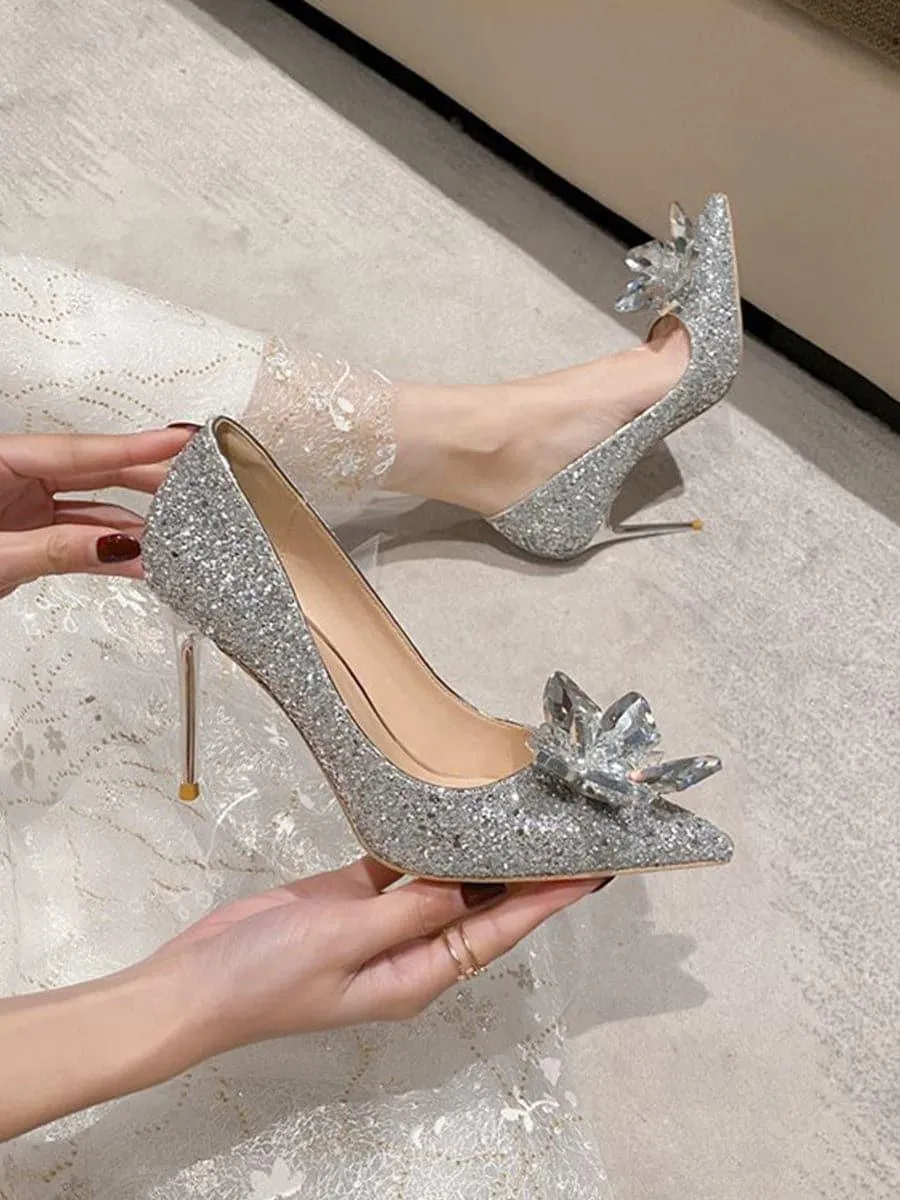 Shine Inlay Crystal Flower Banquet Wedding Thin High Heels MHE1047