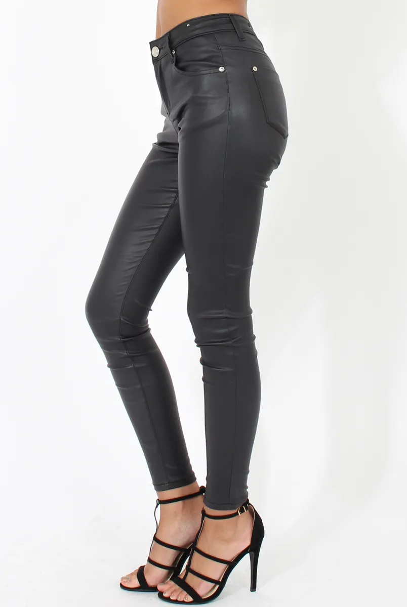 Skinny Fit High Waisted Leather Look Jeans - Bianca