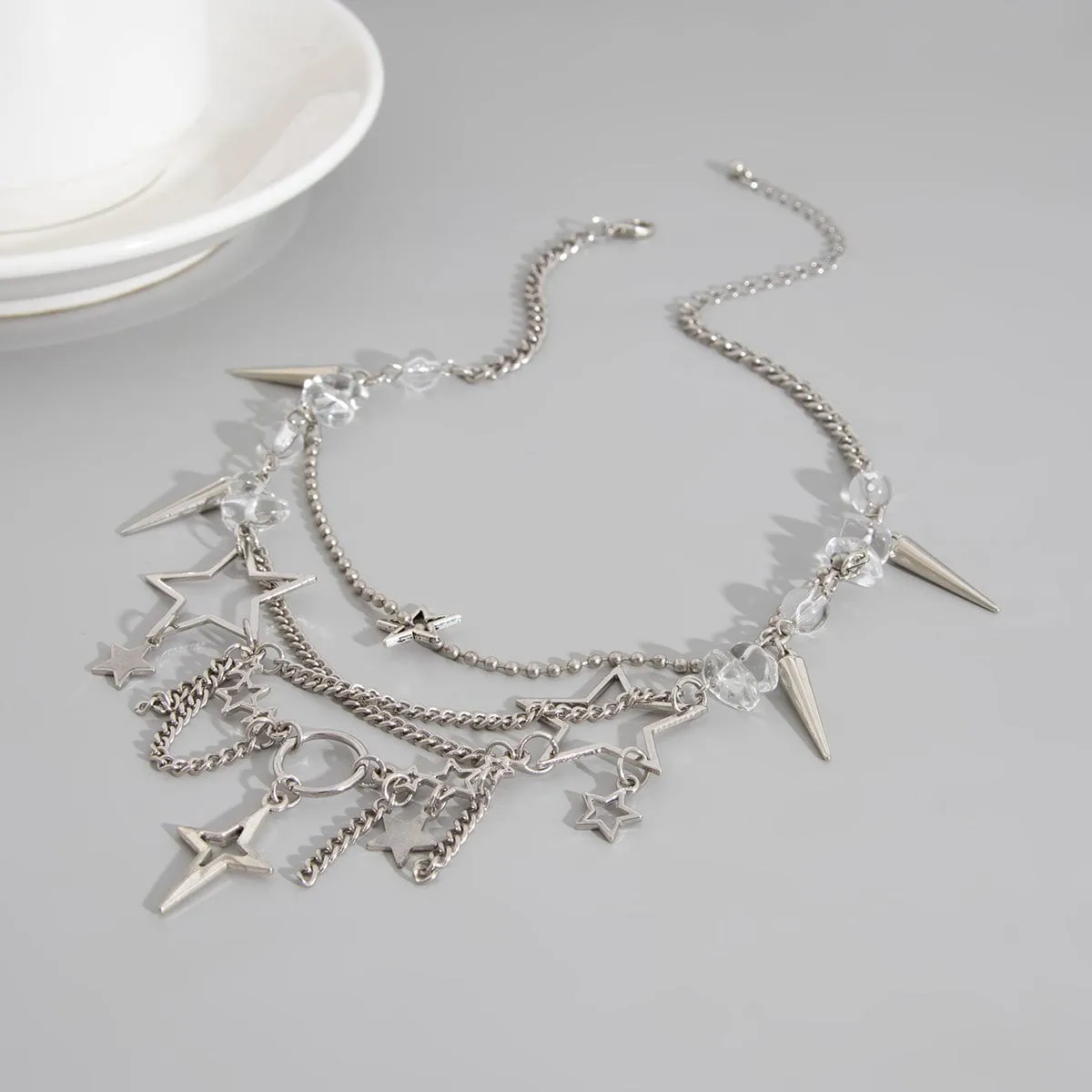 Trendy Layered Hollow Star Tassel Crystal Stone Chain Necklace