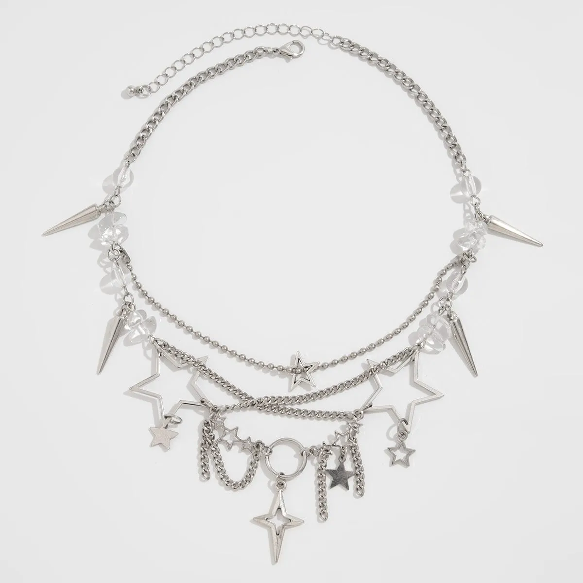 Trendy Layered Hollow Star Tassel Crystal Stone Chain Necklace