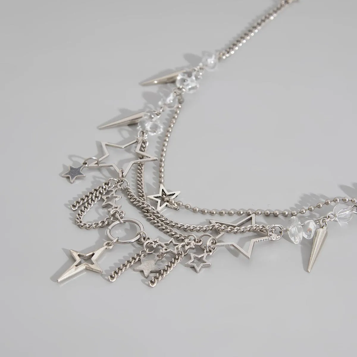 Trendy Layered Hollow Star Tassel Crystal Stone Chain Necklace