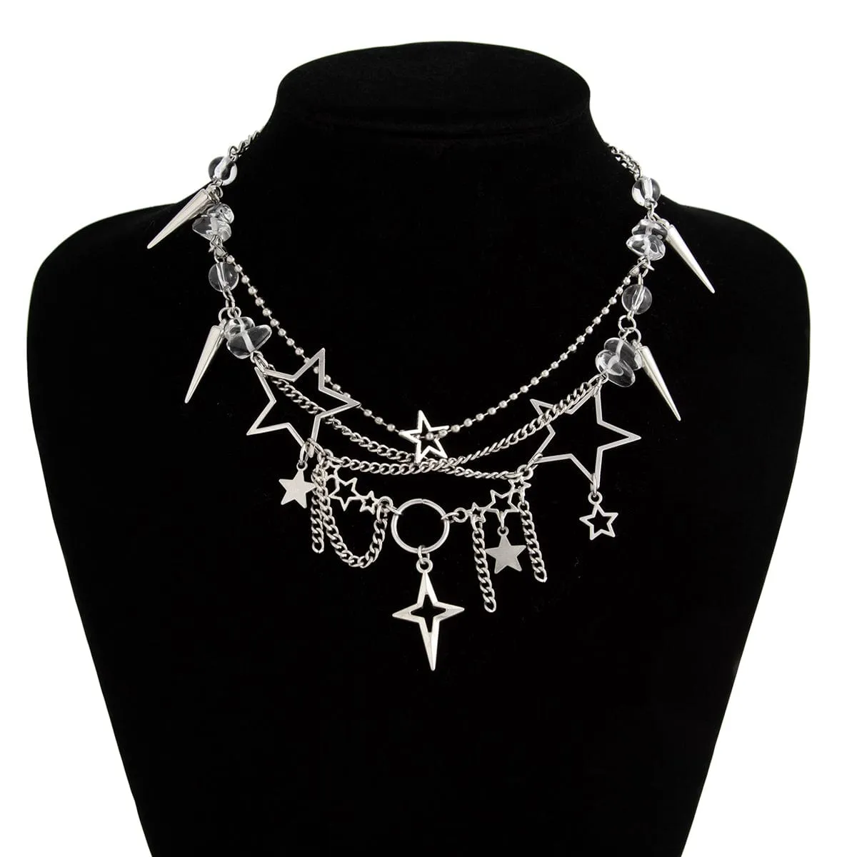 Trendy Layered Hollow Star Tassel Crystal Stone Chain Necklace
