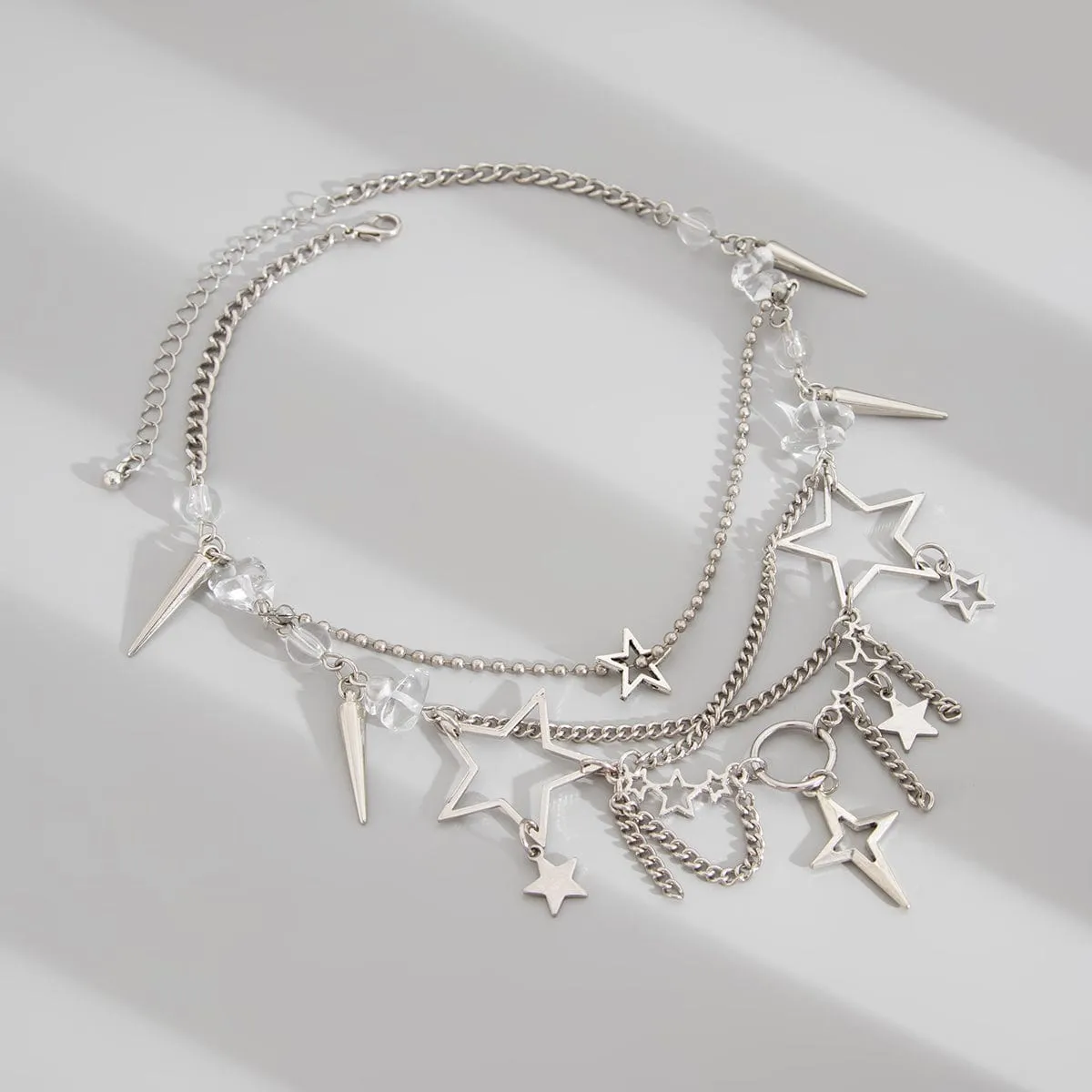 Trendy Layered Hollow Star Tassel Crystal Stone Chain Necklace