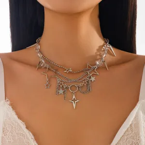 Trendy Layered Hollow Star Tassel Crystal Stone Chain Necklace