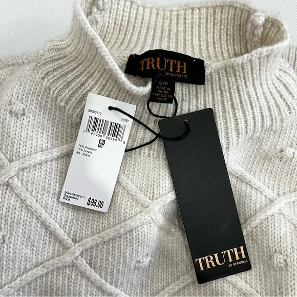 TRUTH By Republic Knit Sweater Size Small Mock Neck Cozy Comfy Ivory Cream