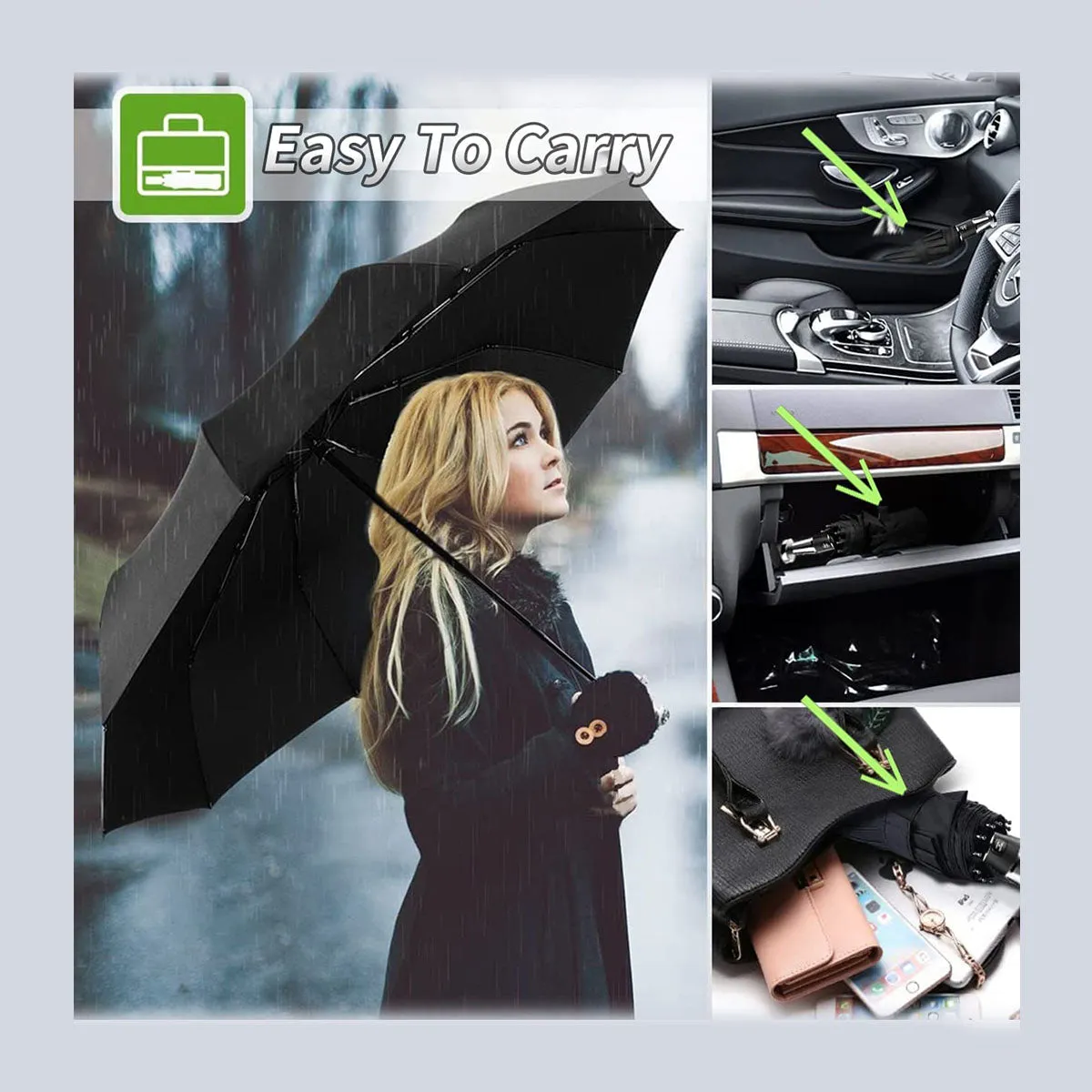 Umbrella for All Cars, 10 Ribs Umbrella Windproof Automatic Folding Umbrella, One-handed use, Rain and Sun Protection, Car Accessories TS13993