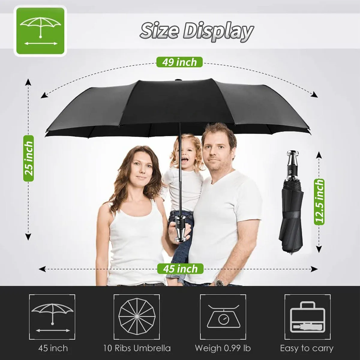 Umbrella for All Cars, 10 Ribs Umbrella Windproof Automatic Folding Umbrella, One-handed use, Rain and Sun Protection, Car Accessories TS13993