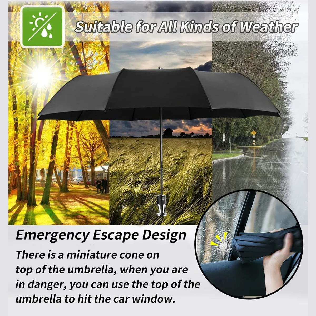 Umbrella for All Cars, 10 Ribs Umbrella Windproof Automatic Folding Umbrella, One-handed use, Rain and Sun Protection, Car Accessories TS13993