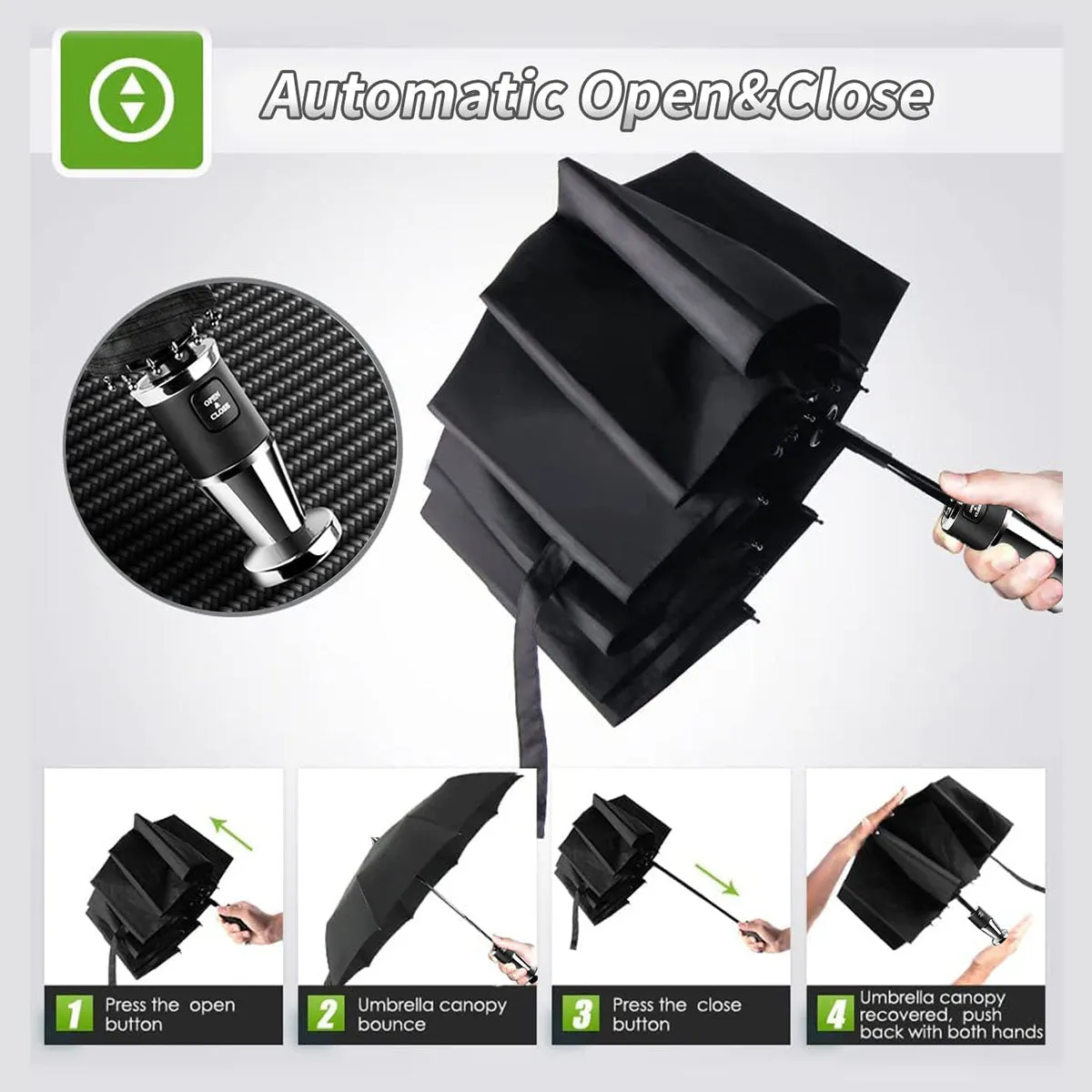 Umbrella for All Cars, 10 Ribs Umbrella Windproof Automatic Folding Umbrella, One-handed use, Rain and Sun Protection, Car Accessories TS13993