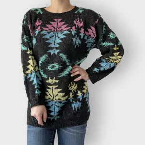 Venezia Sweater Vintage 90s Tribal Rainbow Scoop Neck Intarsia Size Large