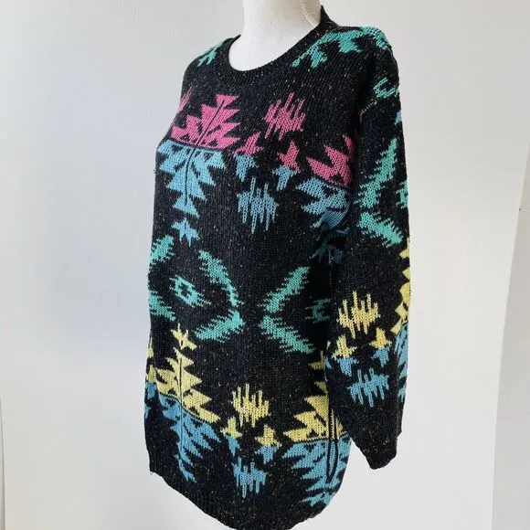 Venezia Sweater Vintage 90s Tribal Rainbow Scoop Neck Intarsia Size Large
