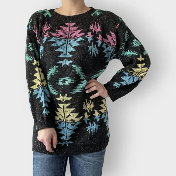 Venezia Sweater Vintage 90s Tribal Rainbow Scoop Neck Intarsia Size Large