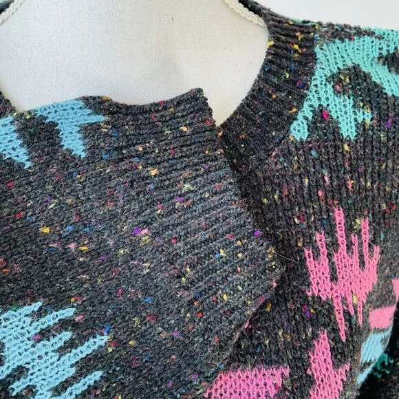 Venezia Sweater Vintage 90s Tribal Rainbow Scoop Neck Intarsia Size Large