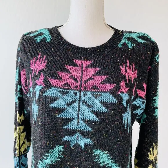 Venezia Sweater Vintage 90s Tribal Rainbow Scoop Neck Intarsia Size Large