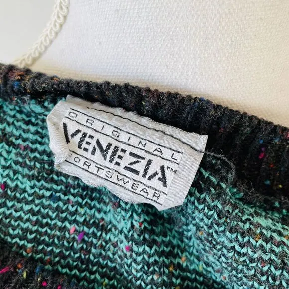 Venezia Sweater Vintage 90s Tribal Rainbow Scoop Neck Intarsia Size Large