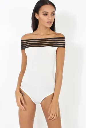 White & Black Elasticated Bardot BodySuit - Jill