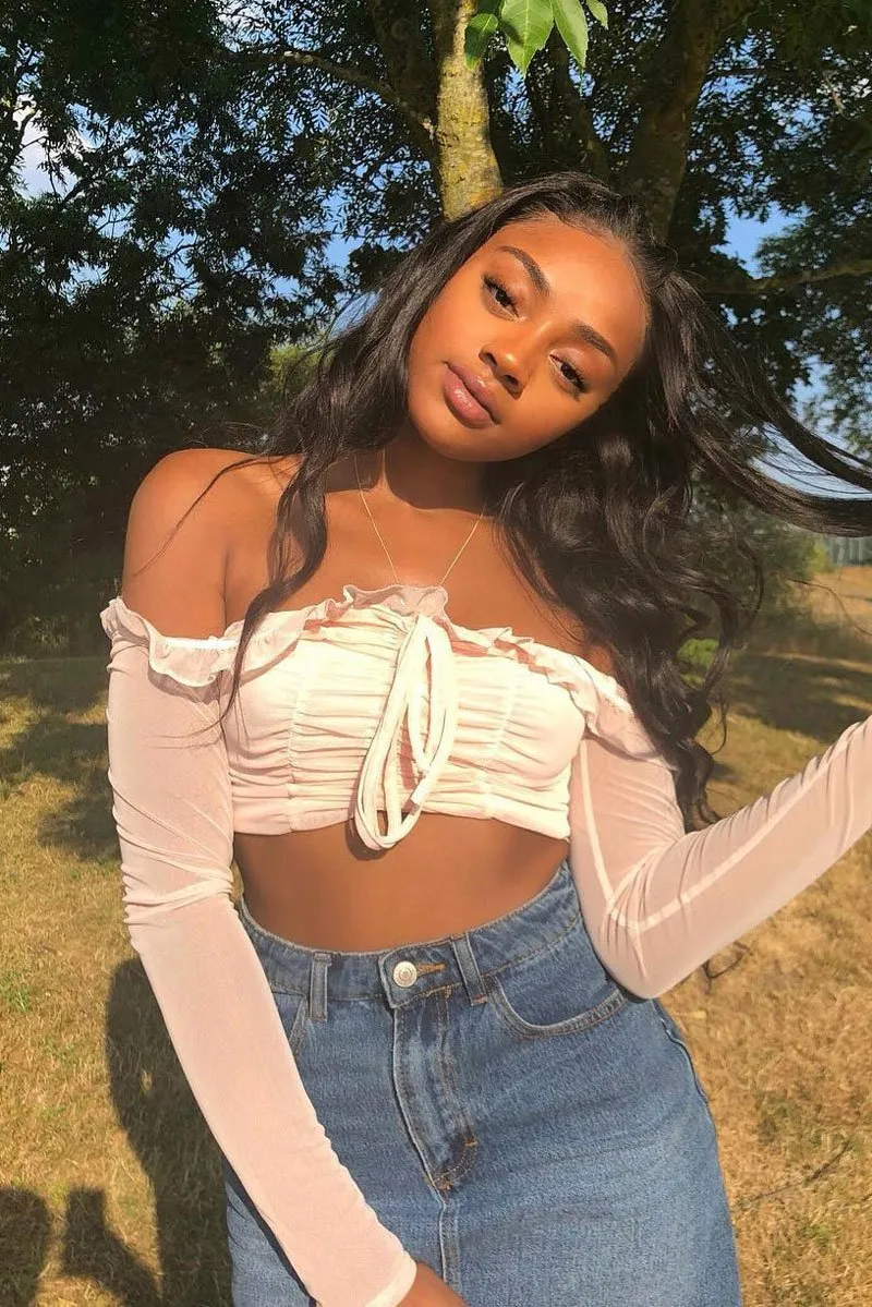 White Mesh Bardot Ruched Front Crop Top - Carlita
