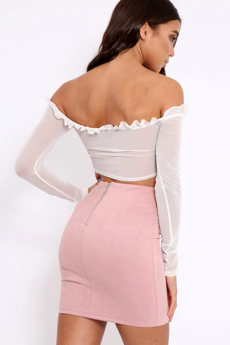 White Mesh Bardot Ruched Front Crop Top - Carlita