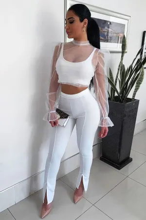 White Mesh High Neck Open Back Blouse - Anthea