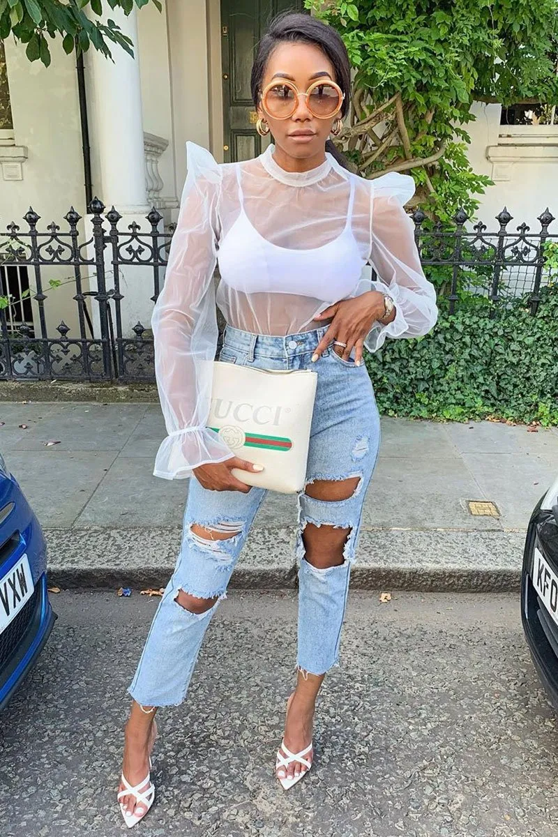 White Mesh High Neck Open Back Blouse - Anthea