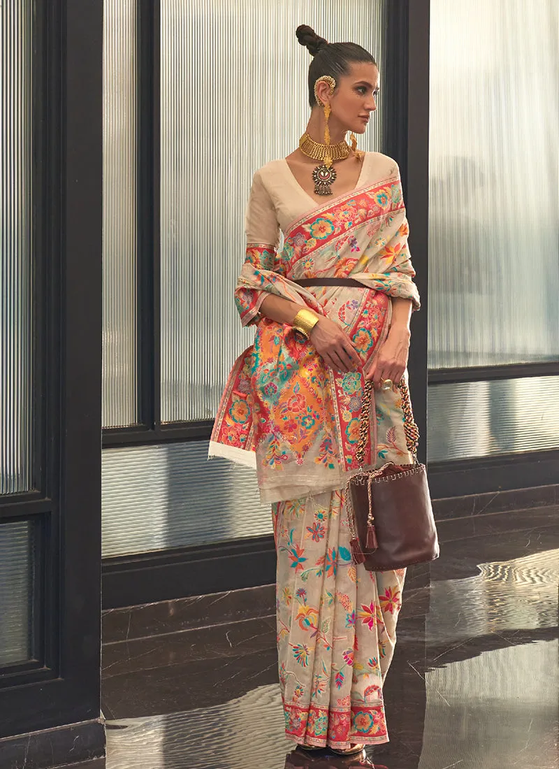 White Multicoloured Kashmiri Handloom Weaved Silk Saree