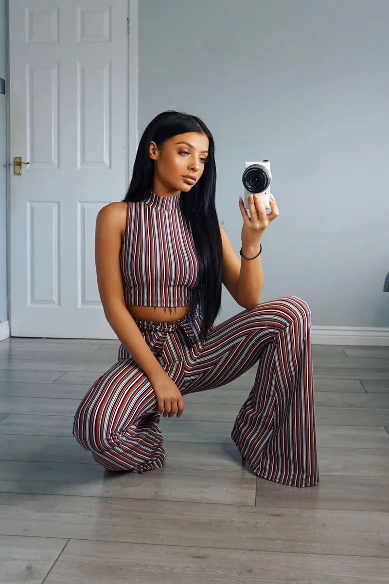 Wine And Black Striped Crop And Trousers Co-Ord - Chrisley