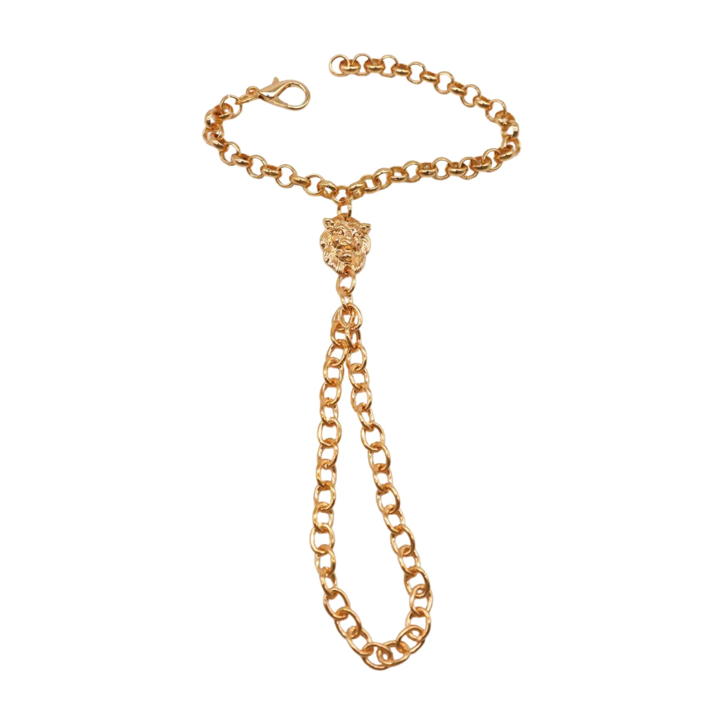 Women Gold Metal Hand Chain Lion Bracelet Ring