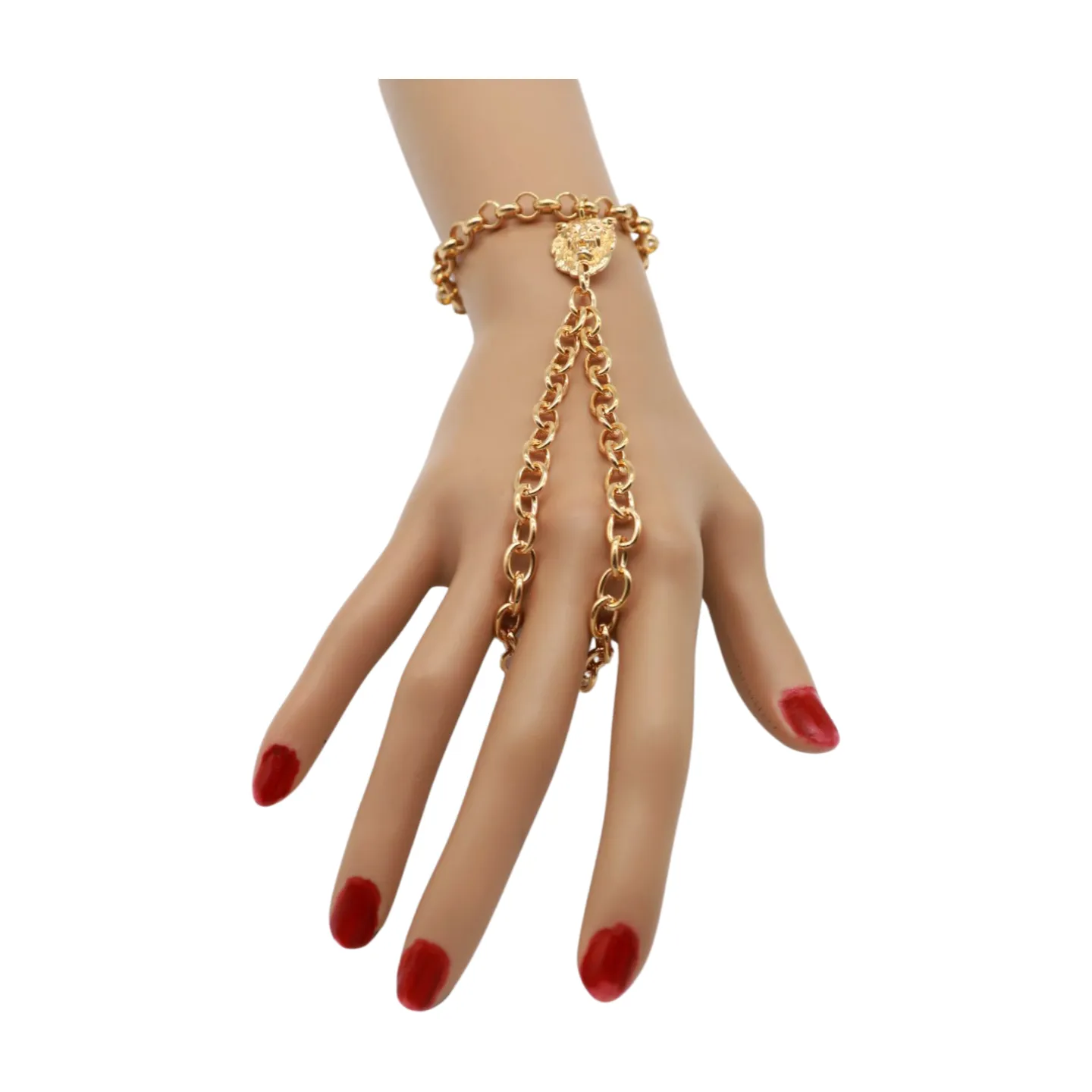 Women Gold Metal Hand Chain Lion Bracelet Ring