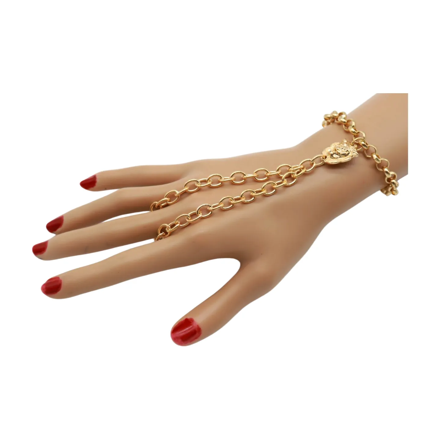 Women Gold Metal Hand Chain Lion Bracelet Ring