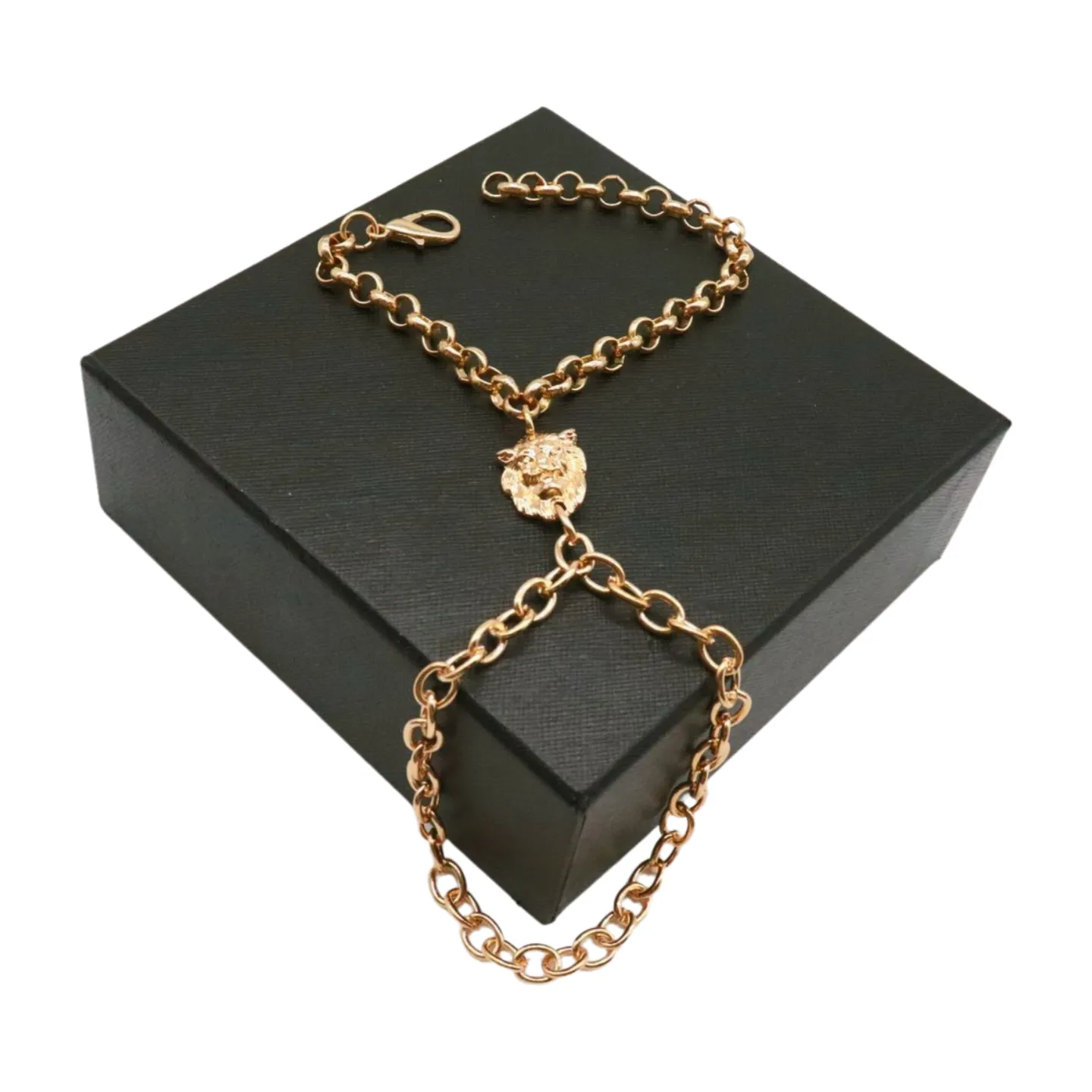 Women Gold Metal Hand Chain Lion Bracelet Ring