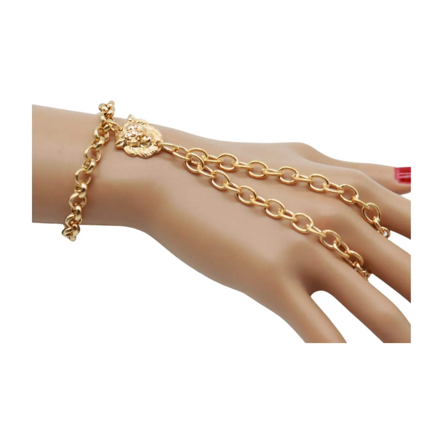 Women Gold Metal Hand Chain Lion Bracelet Ring