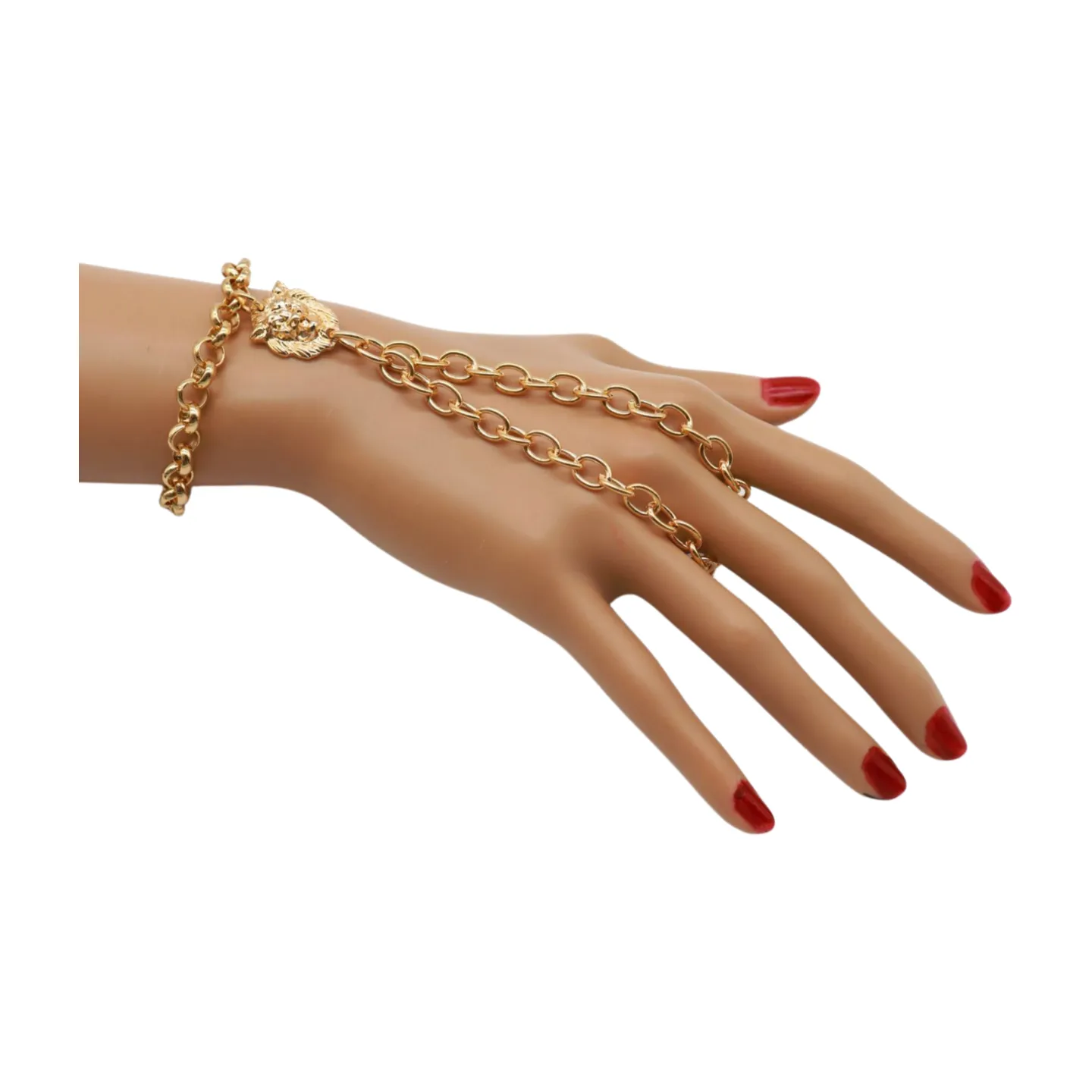 Women Gold Metal Hand Chain Lion Bracelet Ring